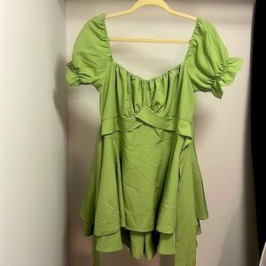 green dress romper with waist tie